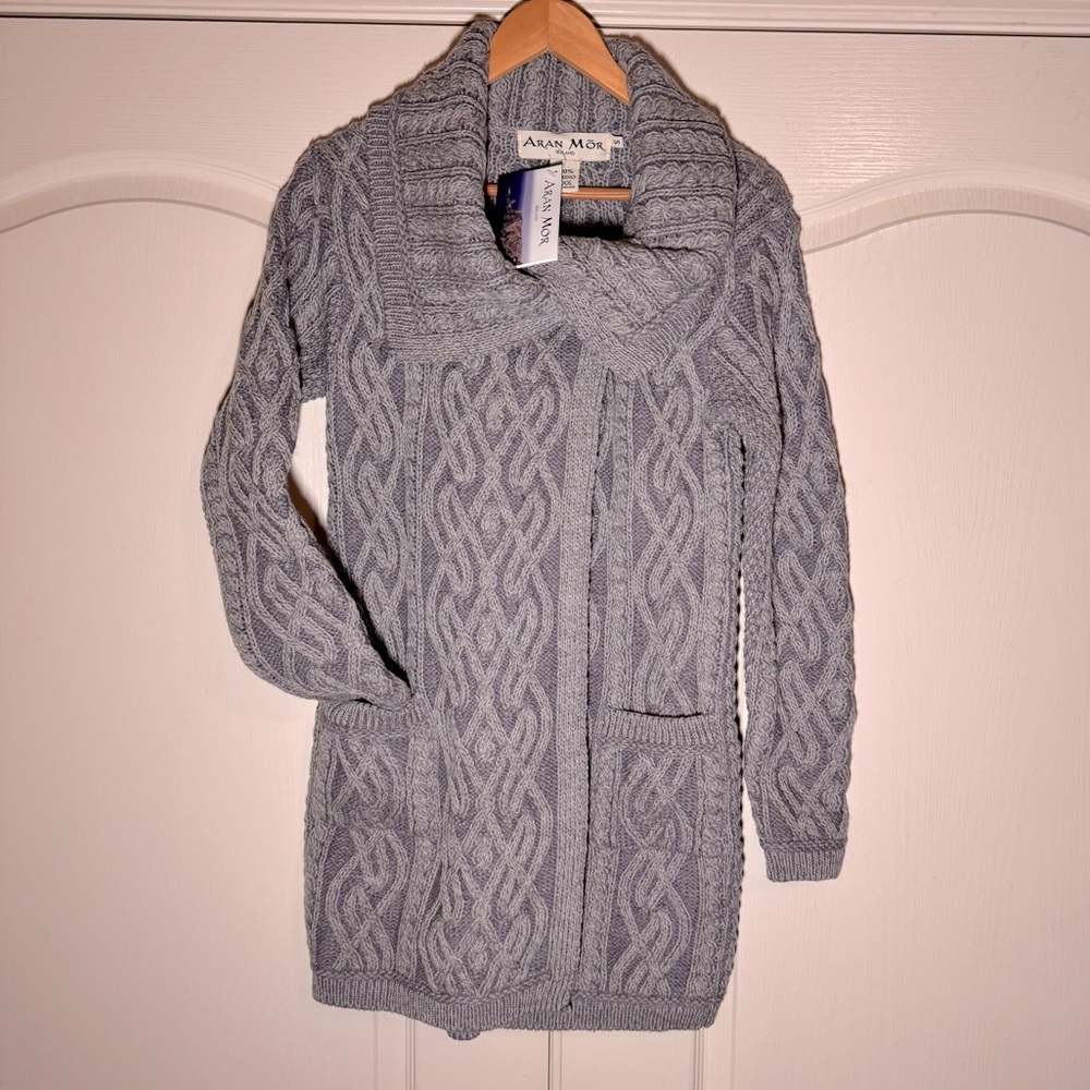 NWTs Aran Mor Sweater 100% Wool Large Collar Cardigan Coat